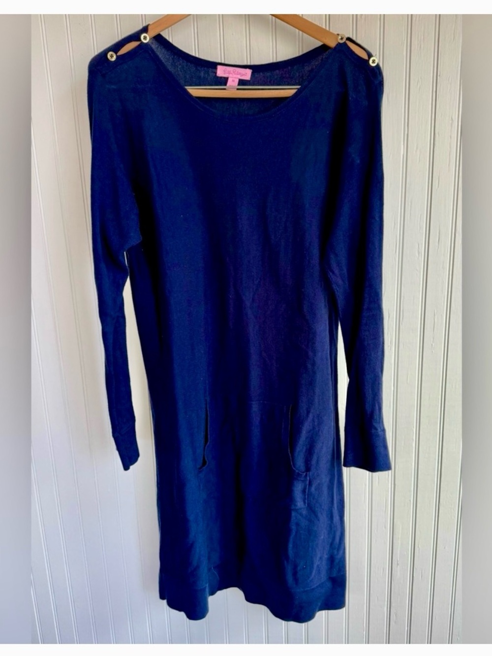 Lilly Pulitzer Navy Button-Shoulder Long Sleeve Cotton Dress Size M
